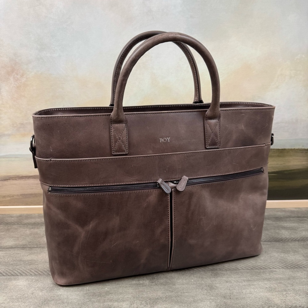 Mark & Graham Graham Leather Briefcase Bag Rustic Brown Scuffed Spot Monogrammed